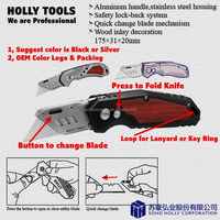 Couteau utilitaire pliable de poche avec clip de ceinture en alliage d'aluminium bois incrustation décoration poignée lame de rasoir verrouillage boîte pliante Cutter