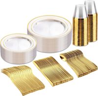 Ensemble de vaisselle en plastique transparent doré de 150 pièces comprenant 25 assiettes à dîner / 25 assiettes à dessert, 25 couteaux, 25 fourchettes, 25 cuillères, 25 gobelets pour fête