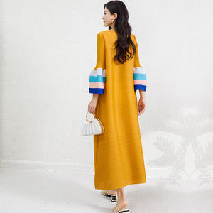 Vestido Maxi Plisado <span class=keywords><strong>para</strong></span> Mujer, Cuello en V, Manga Larga, Bloques <span class=keywords><strong>de</strong></span> Color, Puños Acampanados, Casual, Holgado, Abaya, Caftán, Dubai, Modesto, Talla Única - Product Image 3