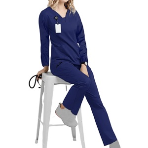 Women Scrub Set Long Sleeve V Neck Elastic Lightweight Moisture Wicking Hospital Uniform Split Set For Medical Dental Work - Product Image 4