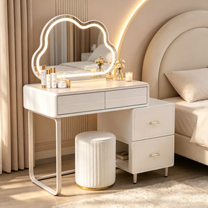Modern Makeup Vanity <b>With</b> Lighted Cloud Mirror And Storage <b>Drawers</b> Bedroom <b>Dressing</b> <b>Table</b> <b>With</b> Stool - Product Image 3