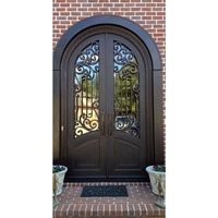 Porte d'entrée principale en fer forgé à ouverture cintrée personnalisée avec verres trempés clairs
