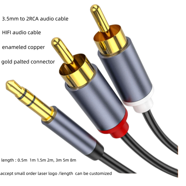 1.5m Gold Plated 3.5mm Stereo Male to 2 RCAX2 Male RCA Y Cable HIFI Audio for HDTV and Speaker Systems