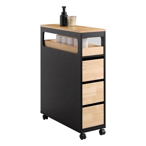 Narrow White Kitchen Wood Bamboo <strong>Towel</strong> Toilet Paper <strong>Bathroom</strong> <strong>Storage</strong> <strong>Cabinet</strong> with Wheels - Product Image 2