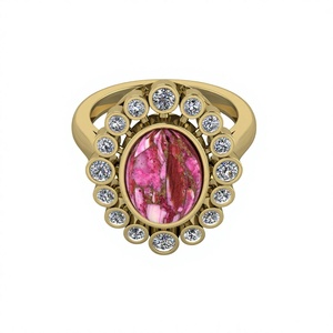 Anillo de Compromiso o Boda de Plata de Ley 925 con Piedra Preciosa Ovalada de Ostra Espinosa Rosa de 9x12 mm en Engaste de Bisel, Superventas - Product Image 1