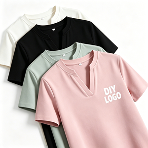T-shirt da donna in poliestere con scollo a V, vestibilità slim, tinta unita, stampa a pigmenti e floccata, ad asciugatura rapida, stile casual business - un must-have - Product Image 1