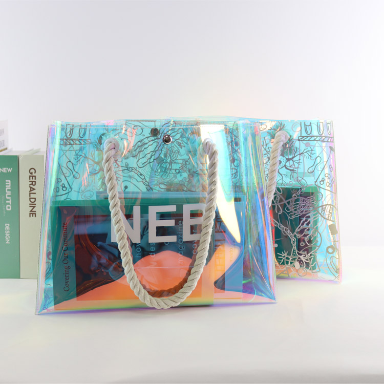 Laser Handle Shoulder Bag Glitter Tote Bag Pvc Holographic Bag, vinyl rainbow, Beach Swimming Tote
