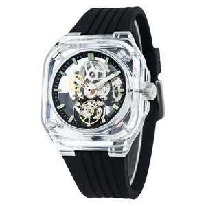 Montre automatique squelette de luxe pour homme au design tendance ODM, logo personnalisé, cadran carré ajouré, montres mécaniques OEM - Product Image 2