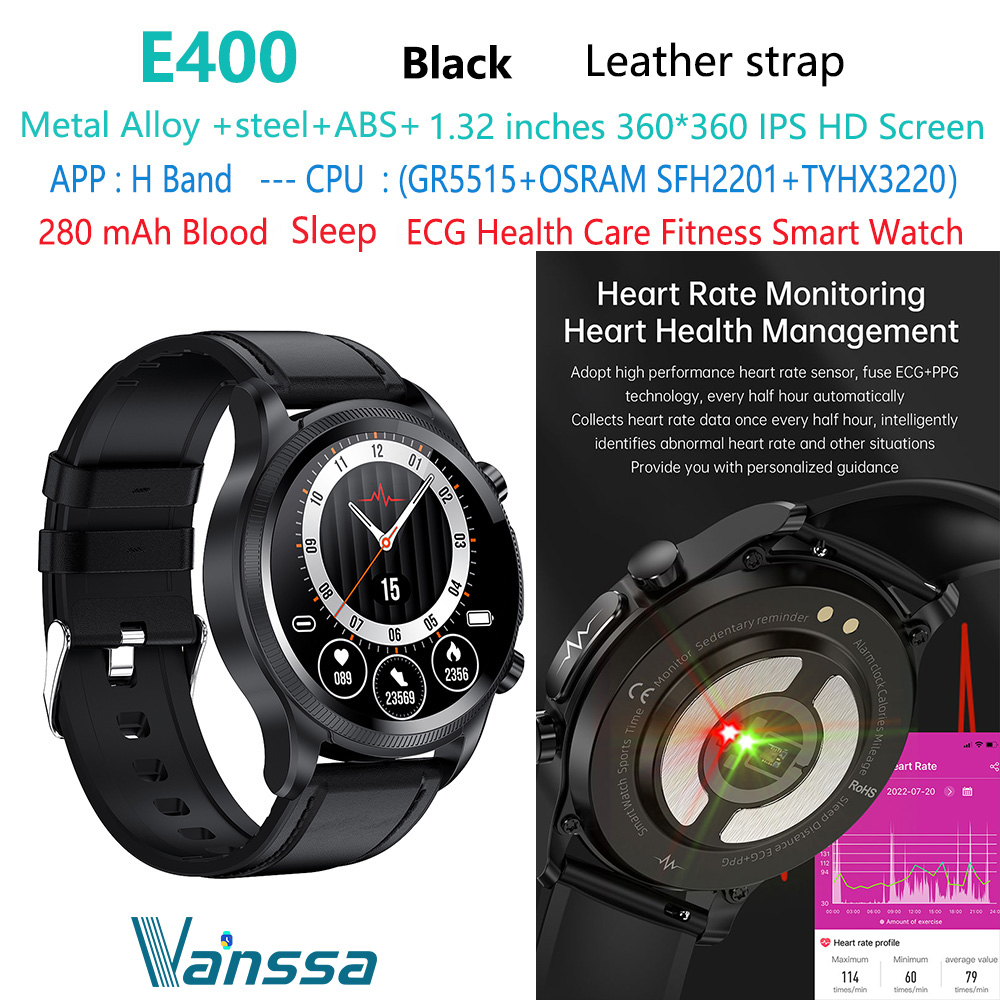 Bracelet de montre Cuir noir E400-ECG-health-smartwatch-smart-watch