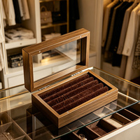 Boîte à bijoux en bois, organisateur de bijoux avec couvercle en verre, présentoir, doublure en velours noir, rangement à charnières pour bagues, boucles d'oreilles, chambre à coucher, coiffeuse