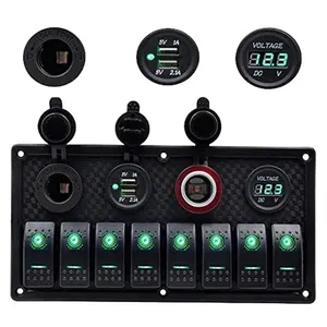 8 Gang Marine Rocker Switch Board with LED Digital Voltmeter USB Car Charger Lighter Socket for Truck Yacht Jeep Boat