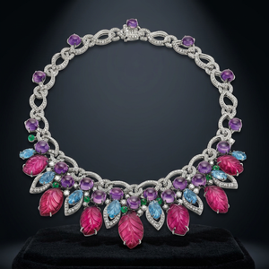 Luxury Women <b>Statement</b> <b>Necklace</b> 925 Silver Rhodium Plated Amethyst Leaf Design Party Jewelry - Product Image 2