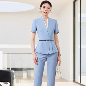 Hotel Uniforms Women Short Sleeve Cream Suit Set With Belt And Flower Brooch For Receptionist Workwear Summer 2025 - Product Image 2
