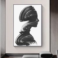 Art mural abstrait noir et blanc, portrait de femme, peinture sur toile minimaliste moderne, décoration esthétique en niveaux de gris pour le salon