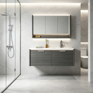 Meuble mural flottant en contreplaqué résistant à l'humidité avec double tiroir de rangement pour salle de bain de villa moderne et minimaliste - Product Image 1
