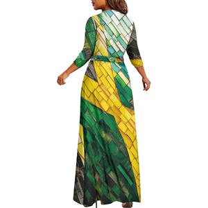 Hermosos vestidos de diseño jamaicano para damas Casual A-Line Slim Fit cuello en V 3/4 manga lazo cintura cinturón vestido vestidos de fiesta para mujeres - Product Image 4
