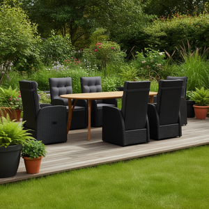 Ensemble de salle à manger de jardin en rotin noir 7 pièces avec table en teck pour usage extérieur - Product Image 3