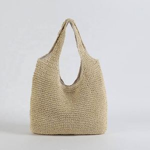 Bolso de playa de paja de papel tejido a mano para mujer, estilo sencillo, con cierre de cremallera bordado, portátil, color liso, venta al por mayor para verano - Product Image 4