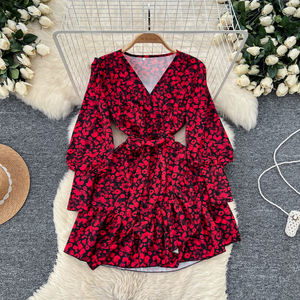 Vestido Midi Informal Tipo Túnica con Cuello en V Estilo <span class=keywords><strong>Americano</strong></span> para Mujer, Manga Farol, Estampado <span class=keywords><strong>Imperio</strong></span>, con Volantes y Encaje, Rojo, Negro, Blanco - Product Image 1