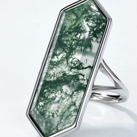 Bague ouverte en argent sterling S925 avec agate verte hexagonale allongée pour femmes, bijoux bohèmes