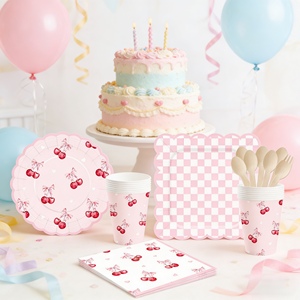 DAMAI Kids Birthday Party Supplies Square Pink White Plaid Plate With Red Cherry <b>Disposable</b> <b>Tableware</b> Paper Napkins Cups Plates - Product Image 2