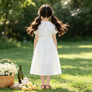 Vestito da bambina in cotone morbido bianco stile francese, abito da principessa <span class=keywords><strong>chic</strong></span> per bambine con gonna lunga e maniche a palloncino, per bambine più grandi - Product Image 6