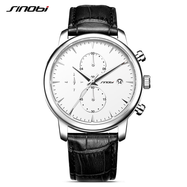 SINOBI Three Eyes Leather Strap Quartz Watches for Men Business & Fashion Style Chronograph Water Resistant Custom Watches