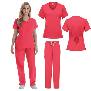 Women's <b>Scrub</b> Suit <b>Set</b> Short Sleeve V Neck Moisture Wicking Hospital Uniforms For Nurses Surgeons Split Design With Label - Product Image 3