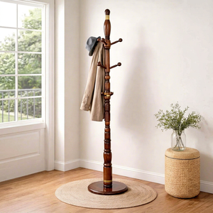 Porte-manteau traditionnel en bois massif avec 8 crochets, meuble de rangement autoportant pour entrée, design antique - Product Image 1