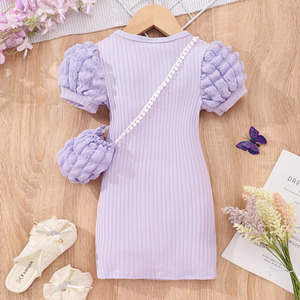 Abito a bolle manica corta per ragazze tessuto a maglia leggera con decorazione a bottone di piccole medie dimensioni per bambini tinta unita estate - Product Image 6
