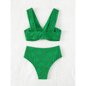 Maillot de bain deux pièces en tissu jacquard floral ondulé vert 2023, exportation européenne et américaine, style INS - Product Image 4