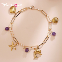 Bracelet de la série Ocean avec breloques étoile de mer, coquillage et dauphin, et perles rondes en cristal jaune améthyste pour femme