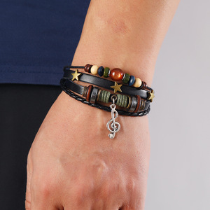 Bracelet réglable tendance en cuir avec perles en bois motif note de musique, design de niche, style bohème <span class=keywords><strong>hippie</strong></span>, bracelet vintage superposé en corde - Product Image 3