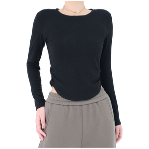 Top de mezcla modal de textura arrugada de manga larga con cuello redondo de tacto de seda, blusa minimalista de oficina a cena con aberturas laterales - Product Image 1