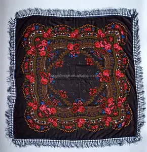 Yiwu <span class=keywords><strong>Woge</strong></span> Lieferant 100*100cm Größere Wickel Tippet Stola Echarpe Print Frauen Baumwolle Quadrat Quaste Russische Blumen schal Schals - Product Image 1