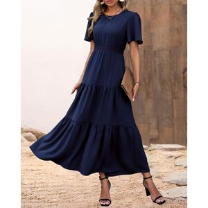 Robe longue décontractée d'été pour femme à manches volantées, col rond, taille élastique, à volants, coupe trapèze, pour le quotidien - Product Image 2