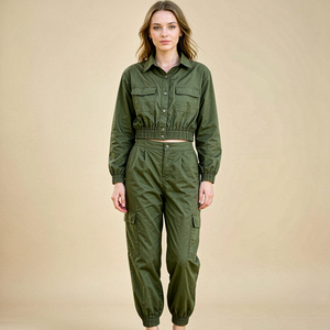 Women's Olive Green Cargo 2 Piece Set Full Sleeve Turn-down Collar Loose Fit Solid Color Casual Matching Outfit - Product Image 1