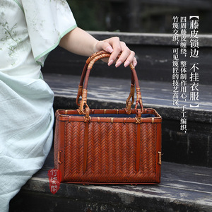Lacquered Bamboo Woven Handbag Women's Tote Bag Vintage <b>Beach</b> Craft Tea Storage Box Small Size - Product Image 3