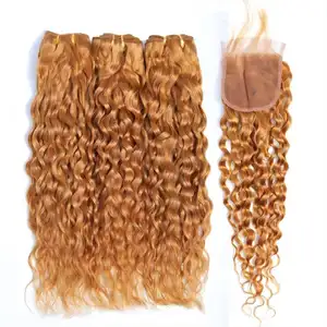 Wholesale top grade cuticle aligned hair honey blonde Brazilian virgin human hair color 27# water wave bundles with closure