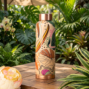 Botella de Agua Metálica Bohemia con Diseño de Hojas Tropicales, Recipiente Portátil para Bebidas al Aire Libre con Tapa - Product Image 1