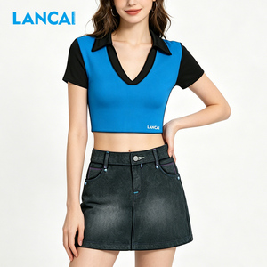 LANCAI Women's Colorblock V-Neck Collar Crop Top and Denim Mini Skirt 2 Piece <b>Set</b> Casual Slim Fit Streetwear Outfit - Product Image 3