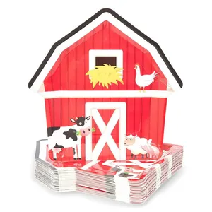 Nicro-Placa de papel desechable con diseño creativo de vaca para decoración de mesa de fiesta de cumpleaños y Baby Shower, personalizada, en forma de Casa de granja, Color Rojo