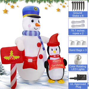 Muñeco de Nieve Inflable con Gorro Azul y Pingüino con Letrero en Gorro Rojo para Decoración Navideña Interactiva - Product Image 5