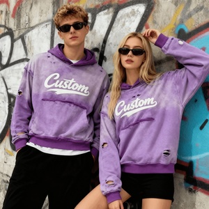 Custom Heavyweight 400gsm Acid Washed Distressed Holes Street Rhinestone Print Drop Shoulder Boxy Cropped Men's Hoodie - Product Image 2