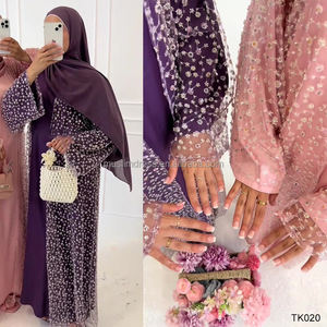 Habib Dubai da donna modesto Abaya aperto modesto Set traspirante pieno di perline in pizzo Kimono Abaya Robe all'ingrosso abbigliamento islamico - Product Image 3