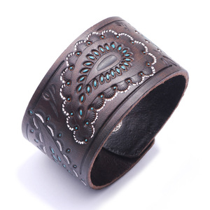 European American Style Men's <b>Leather</b> Cuff <b>Bracelet</b> Wide Embossed Punk Hip Hop Jewelry Antique Brown Geometric Design - Product Image 3