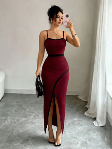 Abito <span class=keywords><strong>Lungo</strong></span> Elegante Premium con Spalline Sottili e Bordatura a Contrasto, <span class=keywords><strong>Vestito</strong></span> Aderente da Donna a Vita Alta con Dettagli Arricciati e <span class=keywords><strong>Spacco</strong></span> Laterale, Ideale per Invitate a Matrimoni - Product Image 3