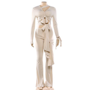 Y7933-2026 Abbigliamento Donna, Top Aderente con Scollo a V e Maniche Lunghe Traforate, Completo Due Pezzi con Pantaloni per Signore - Product Image 3