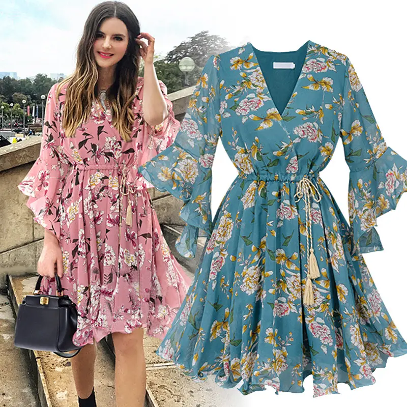 Women Fashion Casual Chiffon Floral Printing Short Sleeve V-Neck Party Dress