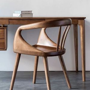 Silla de comedor de madera maciza, respaldo de diseño de madera de caucho y nogal, silla minimalista moderna para el hogar, oficina, sala de estudio - Product Image 1